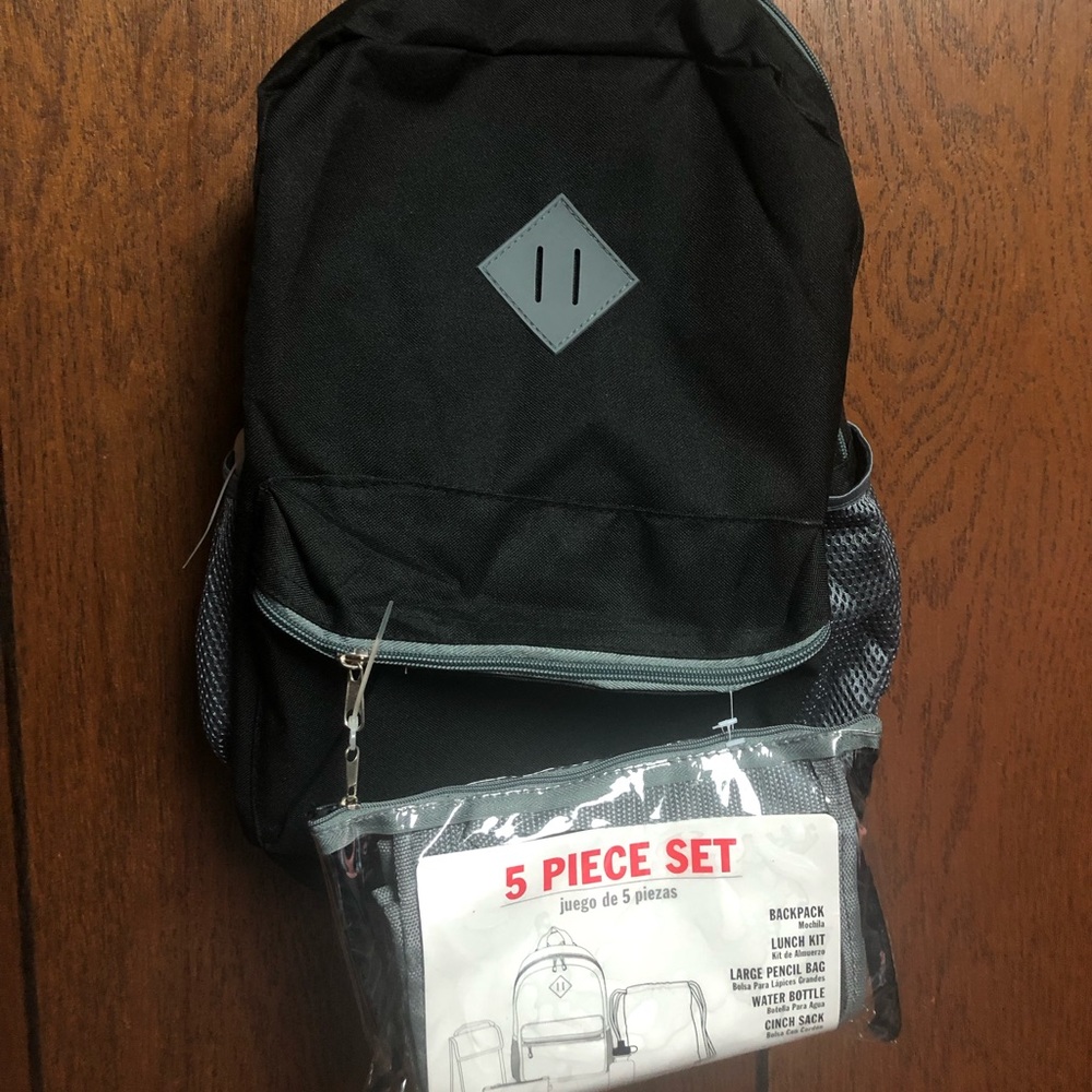NEW Huge 5 Piece Backpack Book bag Set Black